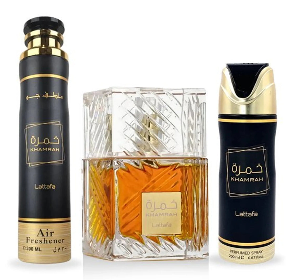 Lattafa Khamrah Geschenkset Eau de Parfum 100 ml + Perfumed Spray 200 ml + Lufterfrischer 300 ml – Orientalisch Süßer Unisex Duft