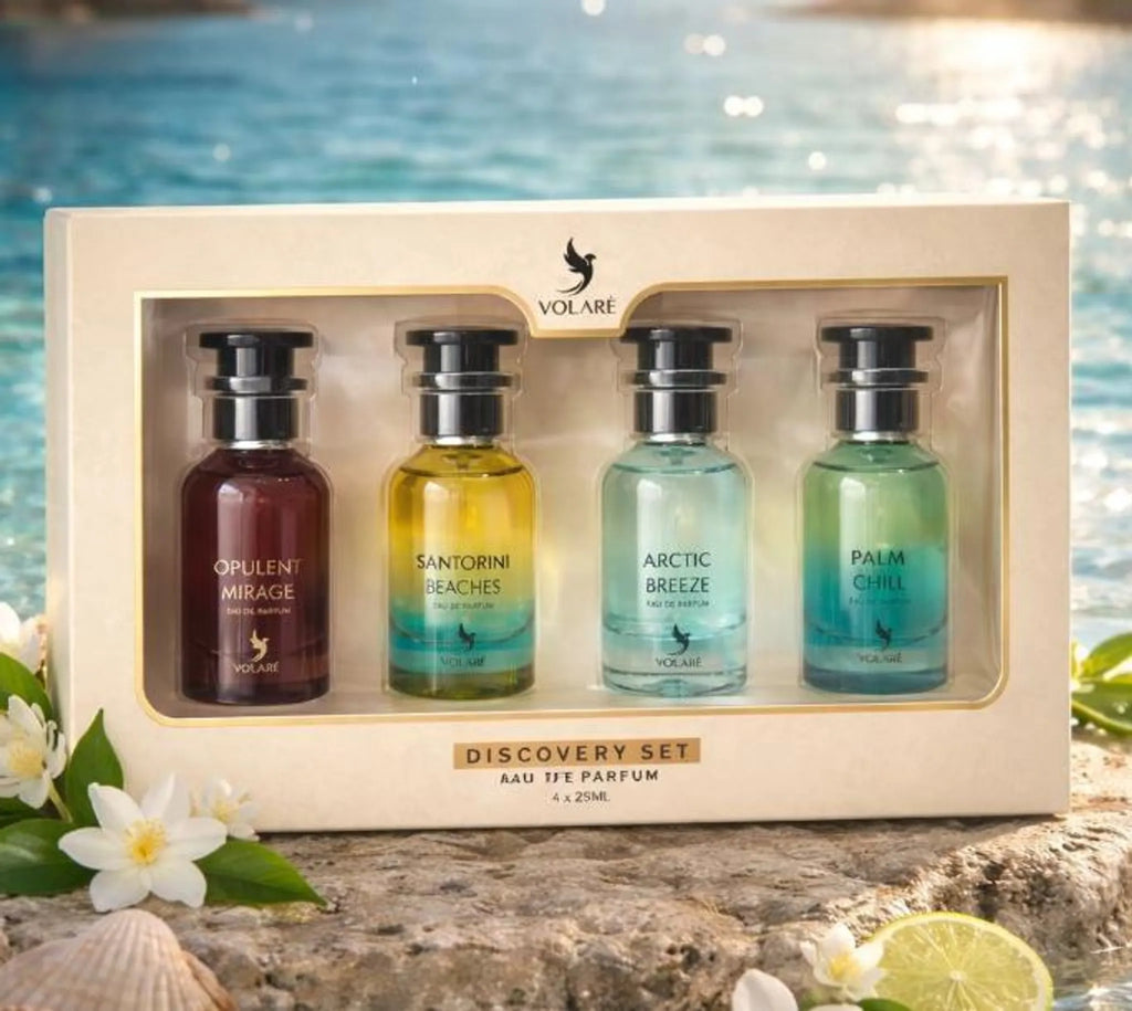 Volare Discovery Set 4×25 ml Eau de Parfum Unisex – Arctic Breeze, Palm Chill, Santorini Beaches, Opulent Mirage – Parfum Geschenkset